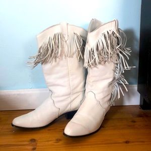 White Leather Cowboy Boots with Fringe